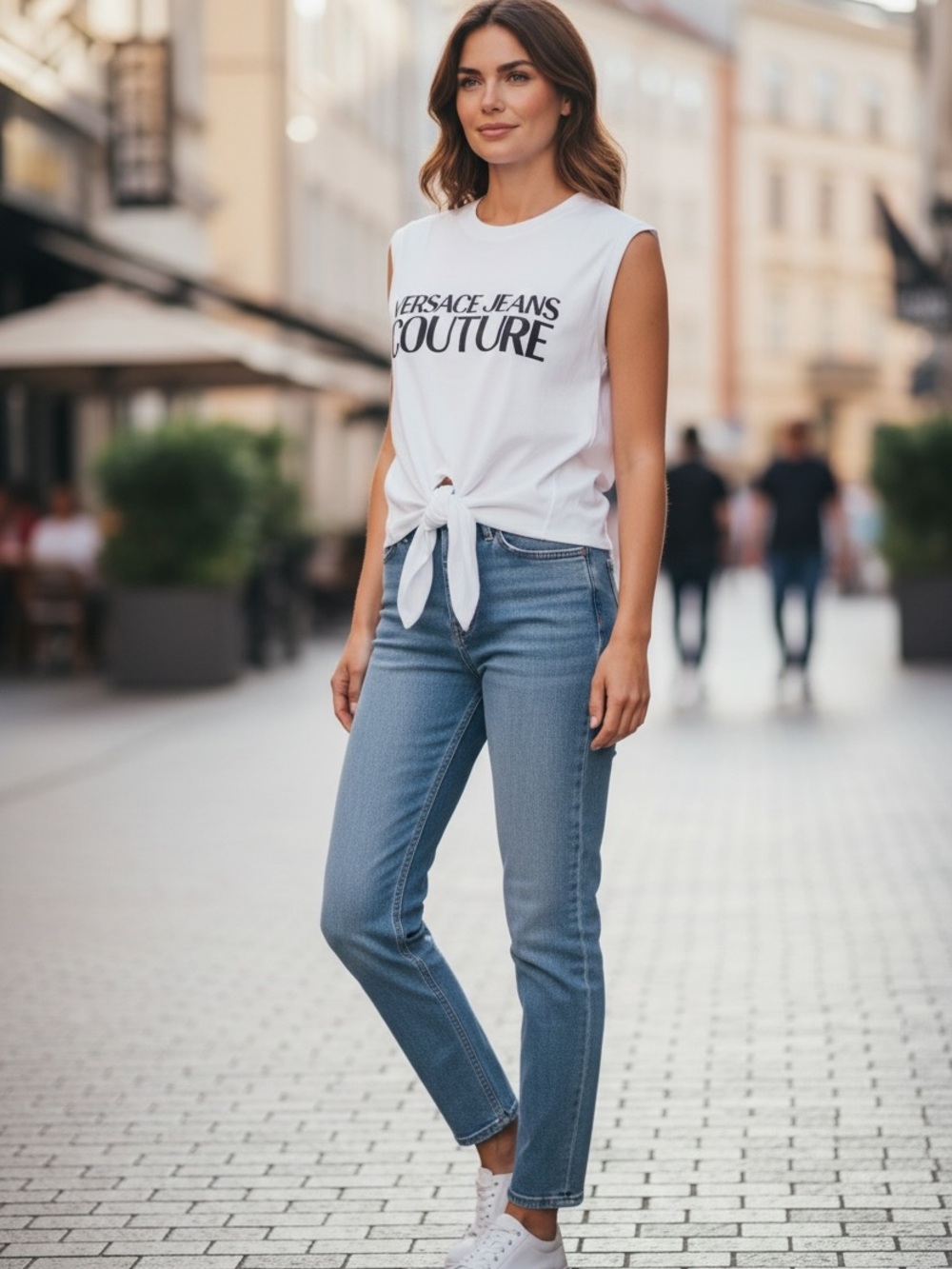 Versace Jeans Collection White Sleeveless Logo Tie-Front Tank